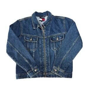 Vintage 1990s' Tommy Hilfiger Denim Jacket Flag Logo Y2K Full Zip Woman's Small